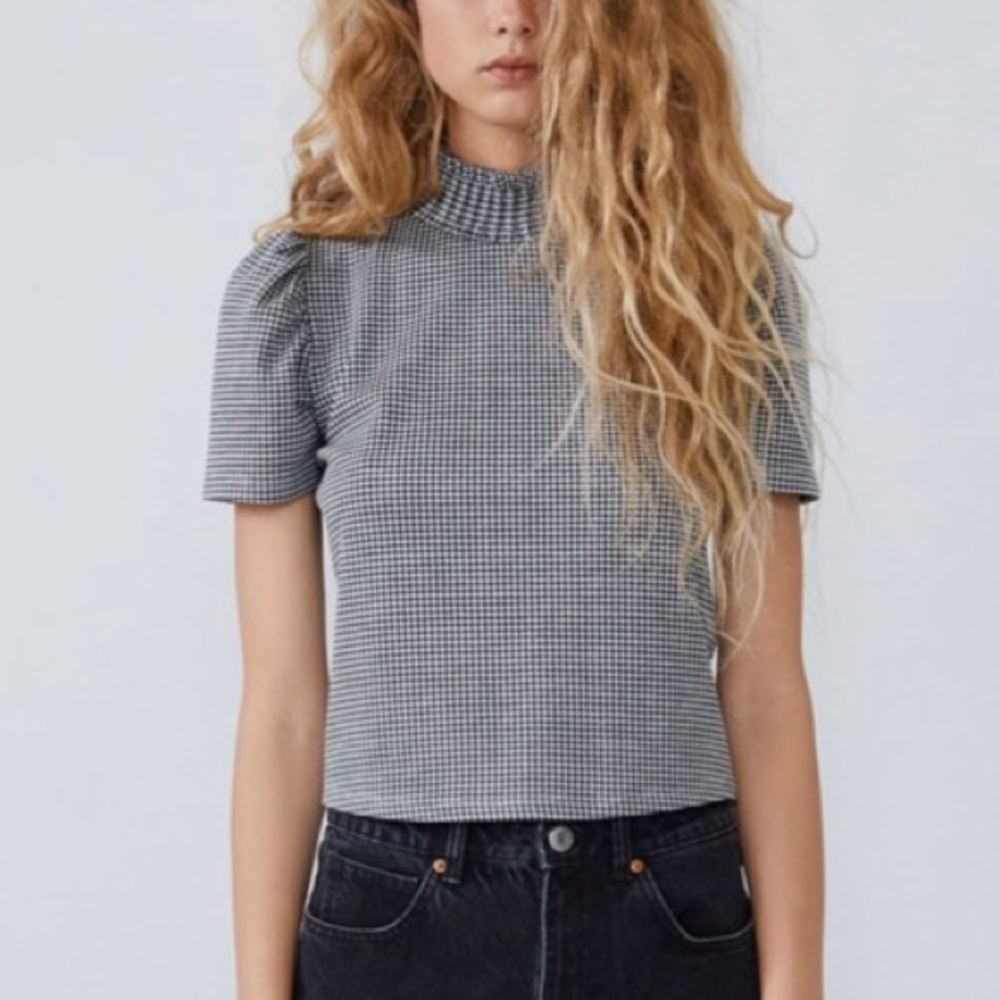 Zara Houndstooth Mock Smock Top